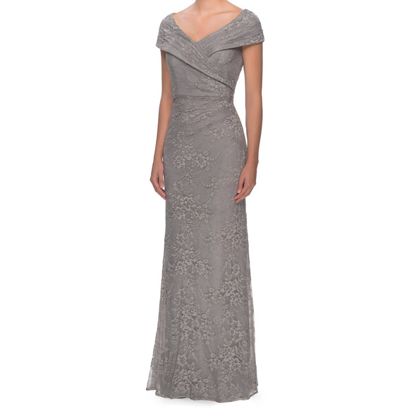 NWT La Femme Platinum Gray Portrait Neck Lace Gown size 6 - Picture 2 of 3